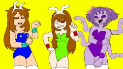  blush bow bracelet breasts brown_hair bunny_ears bunny_girl bunnysuit cameltoe chara_(undertale) closed_eyes female_only femsub frisk_(undertale) happy_trance hypnotic_accessory latex leotard long_hair muffet multiple_arms multiple_girls multiple_subs purple_eyes purple_hair red_eyes resisting rubber smile spider_girl spiral spiral_eyes thighhighs undertale unhappy_trance 