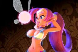  3d animated animated_gif breasts cleavage clothed dark_skin dazed earrings elf_ears erect_nipples eye_roll fairy female_only femsub genie glowing happy_trance hypnotic_light jewelry large_breasts nintendo nipples open_mouth ponytail poser purple_hair ridley_(artist) shantae shantae_(series) smile source_filmmaker the_legend_of_zelda tongue tongue_out very_long_hair 