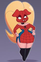  bimbofication blonde_hair choker collarbone female_only femsub genderswap hand_on_hip hourglass_figure marvel_comics mask non-human_feet ponytail simple_background solo spider-ham spider-man_(series) standing super_hero thighhighs very_long_hair wide_hips wrenzephyr2 