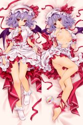 ass bottomless breasts choker dakimakura empty_eyes female_only femsub finger_to_mouth hat king_(dakemakura) large_breasts manip open_clothes panties purple_hair red_eyes remilia_scarlet skirt skirt_lift small_breasts socks touhou underwear vampire vanndril_(manipper) wings