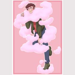  brown_hair bubble clothed happy_trance heavy_eyelids hypnotic_gas jacket jeans leaning_forward male_only malesub pink_eyes shirt shoes short_hair simple_background smile smoke solo somnefarious standing 