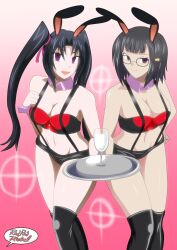 absurdres black_hair bunny_ears bunny_girl cleavage empty_eyes fake_animal_ears female_only femsub glasses happy_trance high_school_dxd long_hair looking_at_viewer multiple_girls multiple_subs navel open_mouth redradrebel serafall_leviathan short_hair sisters smile sona_sitri suspenders thighhighs tray waitress 