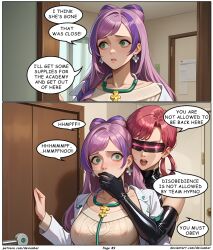 ai_art devianbar dialogue femsub large_breasts latex long_hair miriam_(pokemon) nintendo nurse_joy pink_hair pokemon short_hair team_hypno tech_control text visor