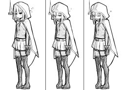 absurdres blush boots cape closed_eyes coin dazed empty_eyes etlabsotwe expressionless female_only femsub greyscale hood iroha_tamaki knee-high_boots magia_record_puella_magi_madoka_magica_gaiden open_mouth pendulum sketch skirt sleeping
