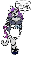 apron bow breasts choker femsub furry happy_trance high_heels large_breasts maid purple_hair sandals see-through spiral_eyes symbol_in_eyes text waitress zombifier