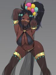  black_hair breasts cleavage dancer dark_skin expressionless hair_ornament harem_outfit long_hair open_mouth pole_dancing ponytail symbol_in_eyes 