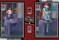 age_regression before_and_after blonde_hair brain_drain card chihaya_mifune corruption dialogue diaper hat jeans long_hair magic:_the_gathering nebulaaxatotol persona_(series) persona_5 persona_5_royal scat text