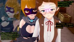  3d blue_eyes brown_hair cape citrus_(cyanstargazer) cyanstargazer drool empty_eyes femdom femsub glasses happy_trance hypnotic_light koikatsu! mask mimi_(cyanstargazer) orange_hair original text wholesome yellow_eyes 