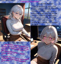  absurdres ai_art before_and_after blue_eyes blush caption chair clothed dialogue earrings female_only femsub glowing_eyes gregory_michelson_(generator) large_breasts long_hair looking_at_viewer maledom mantra pink_eyes sexism short_hair sitting skirt sweater text white_hair 