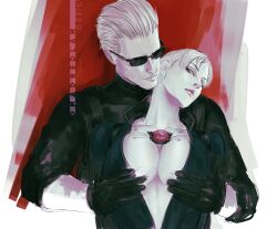  albert_wesker arms_behind_back blonde_hair bodysuit breast_grab capcom cleavage collarbone expressionless femsub heterosexual jill_valentine madbedlam maledom microchip p30 ponytail red_background resident_evil resident_evil_5 simple_background tech_control watermark white_background whitewash_eyes 