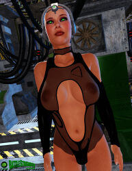  3d arm_warmers bald bare_shoulders battlestrength breasts clothed_exposure collarbone expressionless female_only femsub glowing_eyes green_eyes headphones large_breasts leotard makeup microchip navel nipples see-through signature solo standing standing_at_attention tech_control thong 