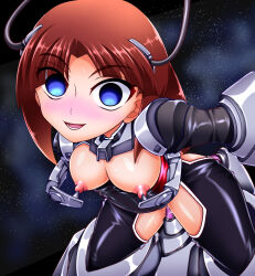  anal arms_behind_back blue_eyes blush bottomless brain_injection brown_hair cables empty_eyes erect_nipples female_only femsub gundam_(series) happy_trance megumi_kage nipple_penetration restrained rubber sex_machine solo tech_control tiffa_adill topless vaginal 