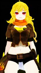  3d ahegao animated animated_gif blonde_hair blush breasts cleavage clothed dazed empty_eyes female_only femsub krackyart large_breasts long_hair navel open_mouth rwby spiral_eyes symbol_in_eyes tongue tongue_out yang_xiao_long 