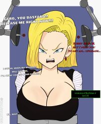  android_18 angry blonde_hair blue_eyes brain_drain breasts comic dialogue dragon_ball dragon_ball_z mind_break mind_hack netorare restrained tech_control text thesalazar 