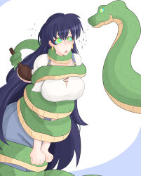 a_singular_fish blue_hair blush cleavage cleavage_cutout clothed coils collarbone dazed earrings eyebrows_visible_through_hair female_only femsub kaa_eyes large_breasts leaning_forward long_hair nagi_arato open_mouth pants restrained ruri_rocks simple_background snake t-shirt white_background