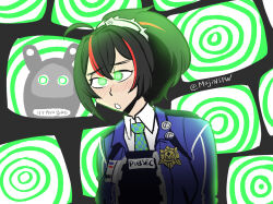 ahoge bangboo_(zenless_zone_zero) black_hair blush clothed female_only femsub glowing_eyes green_eyes hypnotic_screen majinsfw open_mouth police_uniform policewoman ponytail shirt signature solo spiral spiral_eyes symbol_in_eyes tagme tech_control tie tv zenless_zone_zero zhu_yuan