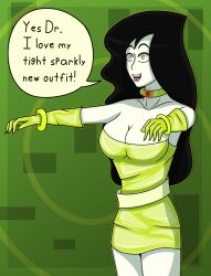absurdres bare_legs belt black_hair breasts cleavage collar collarbone dialogue dress empty_eyes female_only femsub gloves glowing green_skin happy_trance hy2300 hypnotic_accessory kim_possible_(series) latex long_hair open_mouth shego simple_background smile solo speech_bubble spiral_background standing text yellow_eyes zombie_walk