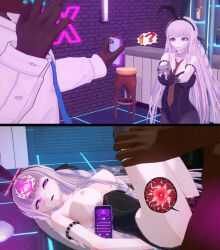 animal_ears breasts bunny_ears bunny_girl bunnysuit clothed confused control_indicator cum cum_in_pussy dangan_ronpa dark_skin fake_animal_ears femsub fertilization gun hypnotic_app instant_loss kyoko_kirigiri long_hair maledom nipples nude orgasm oshino3d phone purple_eyes sex vaginal weapon white_hair x-ray