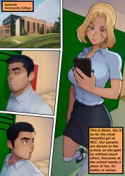 ai_art blonde_hair blue_eyes classroom comic phone school_uniform sculptortusk short_hair skirt tagme