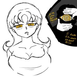 aiko_hajime_shin bisctoitin_skull cleavage collarbone curly_hair dialogue drool expressionless femsub hypnotic_eyes lineart looking_at_viewer original portuguese pov_dom pov_sub spiral_eyes tagme text translation_request white_background yellow_eyes