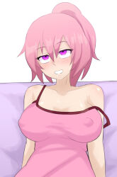 absurdres blush breasts cleavage couch crystal_(zko) erect_nipples eye_roll female_only femsub glowing glowing_eyes large_breasts long_hair open_mouth original pink_hair ponytail purple_eyes sitting smile solo tunberuku