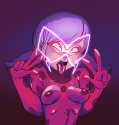  ahegao bangs blue_hair bodysuit boxman corruption crossed_eyes double_v erect_nipples erect_nipples_under_clothes eye_roll female_only femsub glowing magic marinette_dupain-cheng mask miraculous_ladybug open_mouth short_hair simple_background solo tight_clothing tongue tongue_out twintails v 