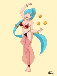 absurdres barefoot blue_hair breasts bulma_briefs cleavage dancing dragon_ball dragon_ball_z earrings empty_eyes female_only femsub happy_trance harem_outfit jewelry ponytail smile syas-nomis yellow_background yellow_eyes