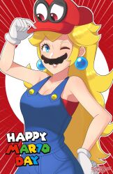 bare_shoulders blonde_hair blue_eyes breasts cappy cleavage cosplay earrings femsub gloves happy_trance hat jewelry large_breasts long_hair mario mustache nintendo one_eye_open possession princess princess_peach red_eyes sarukaiwolf smile super_mario_bros. super_mario_odyssey text wink