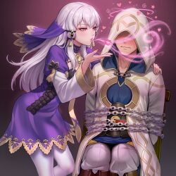 ai_art androgynous_sub blowing_kiss blush bondage chains chair charm_(spell) femdom fire_emblem fire_emblem_heroes fire_emblem_three_houses heart hood hypnotic_magic kiran_(fire_emblem) long_hair love lysithea_von_ordelia magic pheromones pink_eyes restrained spiral sweat symbol thouart_i_(generator) white_hair