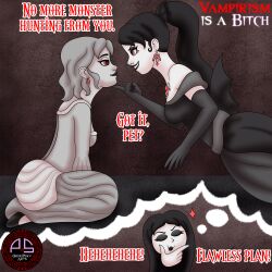 black_hair black_lipstick dialogue dream dress earrings evil_smile grey_skin happy_trance kneeling long_hair ordeper_arts original ponytail red_eyes short_hair signature vampire wings