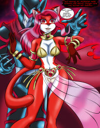 absurdres belt bracelet breasts cat_girl dialogue empty_eyes furry happy_trance harem_outfit jewelry large_breasts long_hair maledom necklace open_mouth original red_eyes red_hair smile tail text tongue toni_technaclaw zorro-zero zorro_(zorro-zero)