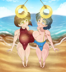  bare_shoulders barefoot beach bikini blue_eyes blue_hair blush breast_expansion breast_press breasts brown_eyes brown_hair cleavage coin crossover empty_eyes erect_nipples expressionless feet female_only femsub huge_breasts karuro-kun maledom nabiki_tendo one-piece_swimsuit open_mouth pendulum ranma_1/2 sailor_mercury sailor_moon_(series) short_hair story swimsuit symmetrical_docking 