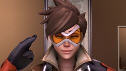  3d animated animated_gif clothed dazed female_only femsub finger_snap fractionation goggles happy_trance open_mouth overwatch seamless short_hair source_filmmaker tracer trance_break trigger 