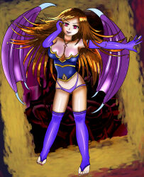 breasts brown_hair castlevania charlotte_aulin cleavage corruption empty_eyes evil_smile eye_color_change female_only femsub gloves happy_trance master_alisa midriff nail_polish navel opera_gloves red_eyes solo succubus thighhighs thighs toenail_polish transformation very_long_hair wings