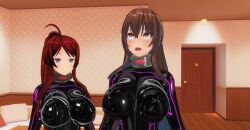 3d blue_eyes blush bodysuit breasts brown_hair collar corruption custom_maid_3d_2 cyber-sexaroid_(dndniwana3s) drool empty_eyes erect_nipples erect_nipples_under_clothes eye_roll female_only femdom femsub happy_trance hidoi_koto_suru_man huge_breasts hypnotic_accessory hypnotized_hypnotist large_breasts latex long_hair multiple_girls multiple_subs open_mouth pink_eyes ponytail red_hair rubber smile tears tech_control 
