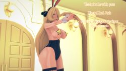 aware blonde_hair breasts bunny_ears bunnysuit clothed clothed_exposure cynthia dialogue english_text female_only fishnets grey_eyes hair_covering_one_eye mustardsauce pokemon pokemon_(anime) solo text unaware