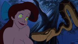  ariel bottomless breasts disney femsub fish_girl gooman2_(manipper) happy_trance hypnotic_eyes kaa kaa_eyes large_breasts long_hair maledom mermaid nude princess red_hair snake the_jungle_book the_little_mermaid topless western 