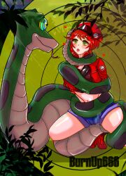 breasts burnup666 cells_at_work coils disney drool erythrocyte_(cells_at_work) hat heart hypnotic_eyes kaa kaa_eyes large_breasts maledom midriff red_hair short_hair snake the_jungle_book tongue tongue_out