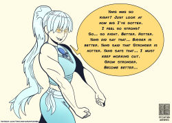  absurdres dialogue female_only femdom femsub glowing glowing_eyes mr_scade muscle_girl ponytail rwby solo text unaware very_long_hair weiss_schnee white_hair yellow_eyes 