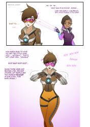  absurdres brown_hair chicken_pose dark_skin dialogue empty_eyes english_text female_only femdom femsub glowing glowing_eyes happy_trance long_hair nexus_light open_mouth overwatch pet_play short_hair sombra_(overwatch) tech_control text tracer 