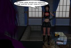  3d amaryst_(theheckle) black_hair breasts costume dialogue female_only fishnets kisstress_(theheckle) large_breasts latex legs midriff miniskirt original purple_hair short_skirt skirt text theheckle 