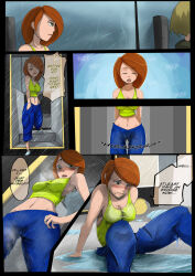 accidental_hypnosis before_and_after blush breasts cameltoe comic crop_top darkhatboy disney embarrassed female_only femsub green_eyes kim_possible kim_possible_(series) large_breasts navel open_mouth orange_hair pussy_juice red_hair short_hair sitting speech_bubble standing text thought_bubble tongue trigger urination wet wet_clothes