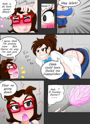 animal_ears bow_tie brown_hair comic crop_top dialogue dog_girl feather_duster glasses happy_trance jeans kobi94 lab_coat long_hair shortstack speech_bubble text trance_break