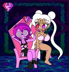  arms_above_head bare_legs bare_shoulders barefoot chair cleavage clothed crossed_legs dark_skin dress empty_eyes eye_color_change femsub happy_trance heterochromia hypno-scream_(hypnoscream) hypnoscream large_breasts legs long_hair looking_at_viewer maledom milf original pink_skin pride_colors purple_hair queen queen_serenity royalty sailor_moon_(series) short_hair sitting smile white_hair 