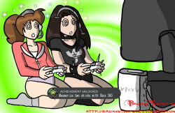  breasts brokenteapot brown_hair brutal_legend environmental_text female_only femsub game_controller gameplay_mechanics headphones humor hypnotic_screen large_breasts left_4_dead long_hair monitor ophelia panties socks spiral_eyes symbol_in_eyes tech_control text underwear valve video_game xbox zoey 