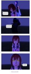 3d absurdres aqua_(kingdom_hearts) bare_shoulders blue_hair comic corruption dialogue disney expressionless femsub glowing glowing_eyes hypnolordx kairi kingdom_hearts luxu_(kingdom_hearts) maledom red_hair short_hair source_filmmaker standing standing_at_attention text yellow_eyes