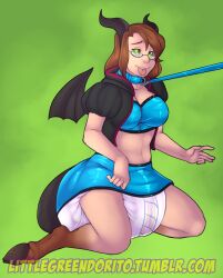 bat_wings brown_hair carnival-tricks collar diaper female_only femsub glasses horns poofy_diaper ring_eyes solo tongue tongue_out