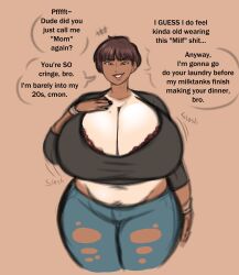  breasts brown_hair cleavage dialogue female_only franktonius huge_breasts hyper_breasts jeans mole original tan_skin text tomboy_milf_(franktonius) transformation unaware 