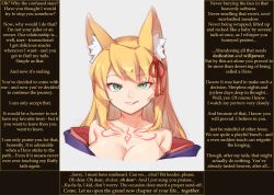 addictive animal_ears blonde_hair body_markings bragging caption caption_only cleavage femdom fox_ears fox_girl green_eyes hair_ornament hypnotic_tail jingai_modoki malesub monster_girl_quest pov pov_sub smile smug stewarone_(manipper) tamamo_(monster_girl_quest) tattoo text