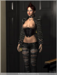 3d black_hair breasts character_request cleavage collar collarbone corset erect_nipples exposed_chest expressionless female_only femsub jeans necklace original red_hair red_lipstick rrward short_hair small_breasts solo standing topless white_eyes 